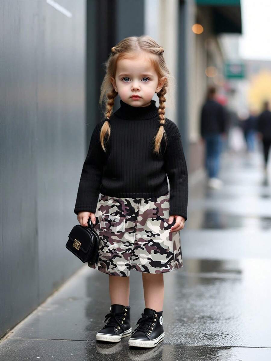 Bộ áo cổ cao màu đen và chân váy in họa tiết cây khô cho bé gái mùa xuân/thu, thích hợp mặc ngoài trời - Nhiều màu - Xem 1