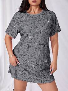 SHEIN ICON Vestido corto de manga corta con cuello redondo y lentejuelas, de moda para tallas grandes, de verano