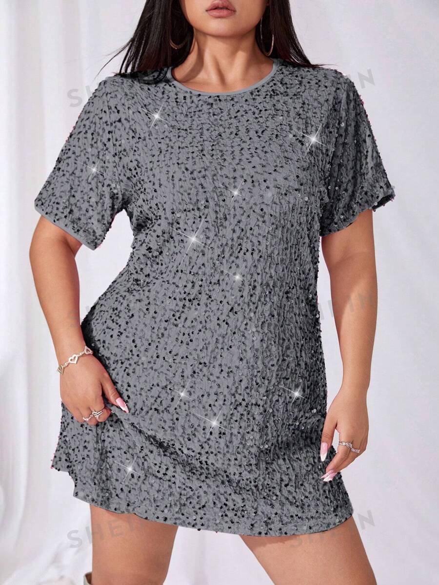 SHEIN ICON Vestido corto de manga corta con cuello redondo y lentejuelas, de moda para tallas grandes, de verano