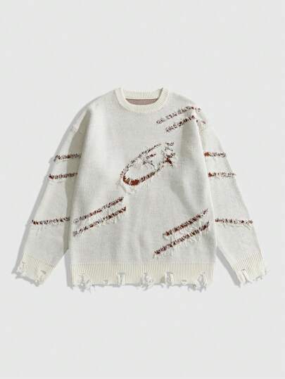 Street Life Pull décontracté homme à col rond, à manches longues, motif jacquard effiloché et délavé, convient pour le port quotidien