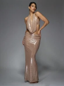 MISSGUIDED Y2K Futuristic Sequin Cowl Halter Neck Top And Ruched Waist Flare Hem Maxi Skirt Two Piece Co-Ord Set - Brown - View 7