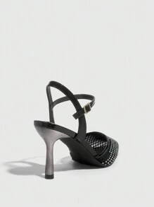 CUCCOO SZL 女士尖头水钻装饰金属细高跟鞋，性感黑色网眼露背夜店派对鞋 - 黑色 - 查看 10