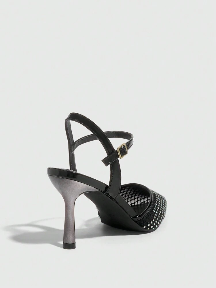 CUCCOO SZL Women's Pointed Toe Rhinestone Decor Metallic Stiletto High Heel Pumps, Sexy Black Mesh Back Open Nightclub Party Shoes