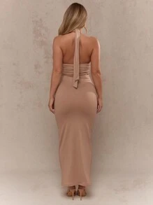 MISSGUIDED Polo Halter Back Tie Neck Backless Maxi Dress
