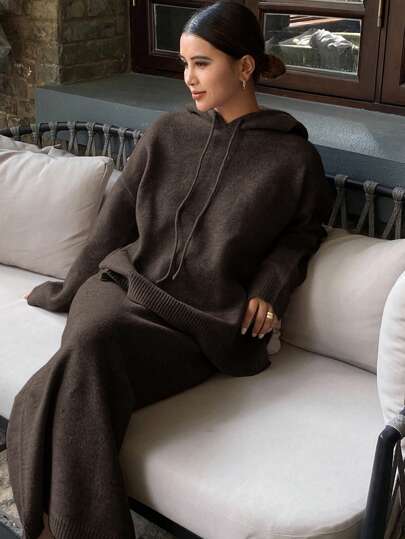 DAZY 2 件套女士纯色宽松连帽衫和直筒连衣裙毛衣，秋季女装