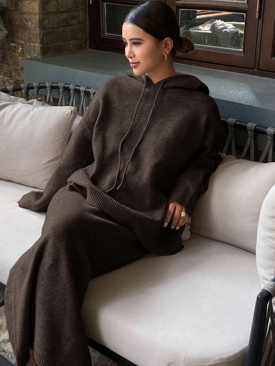 DAZY 2 件套女士纯色宽松连帽衫和直筒连衣裙毛衣，秋季女装