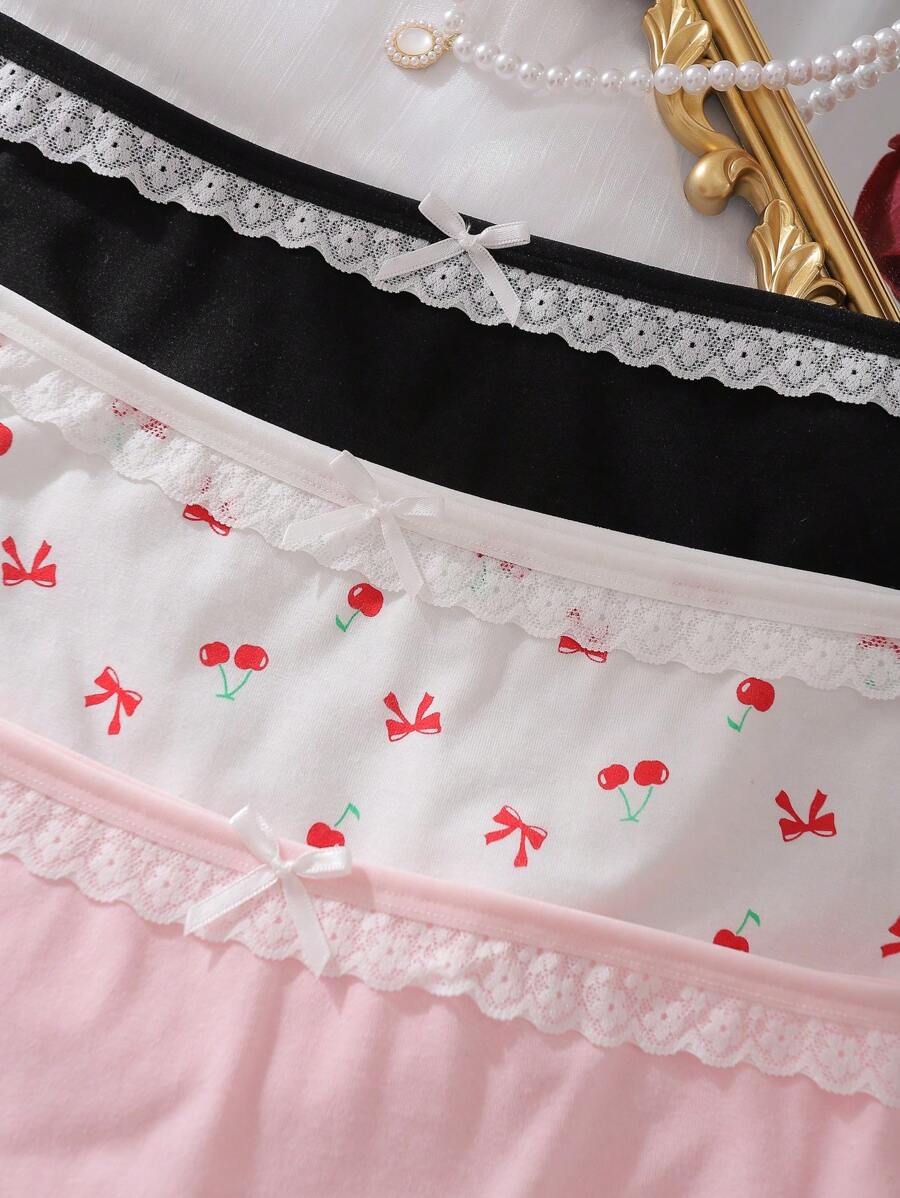 3pcs Cotton Floral Lace Cherry Print Comfort Briefs, Teenager Girls ...