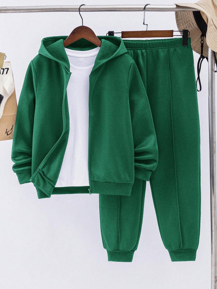 SHEIN 2-delat set med huvtröja och mjukisbyxor för tween-pojkar, mångsidig fleecehuvtröja och byxor som passar alla, lämplig för vardag, sport och streetwear på vår och höst - Mörk Grön - Visa 1