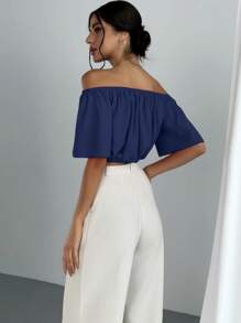 Aloruh Áo cánh trễ vai màu trơn, rộng rãi, tay ngắn, thắt eo cho nữ - Màu xanh hải quân - Xem 2