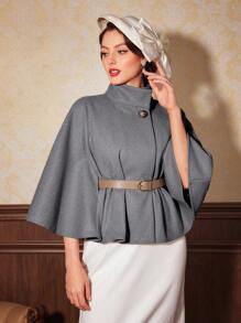 Vintamour Abrigo capa elegante con cuello de pie de unicolor para mujer, para otoño/invierno - Gris - Ver 3