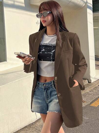 DAZY 纯色纽扣休闲日常长袖西装外套，秋季商务装