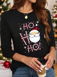 Chiquease Christmas Cute Santa Claus, Snowflake Pattern Round Neck Long Sleeve Women T-Shirt, Top Suitable For Autumn & Winter Graphic Tees Women Tops For Spring - Black - View 1