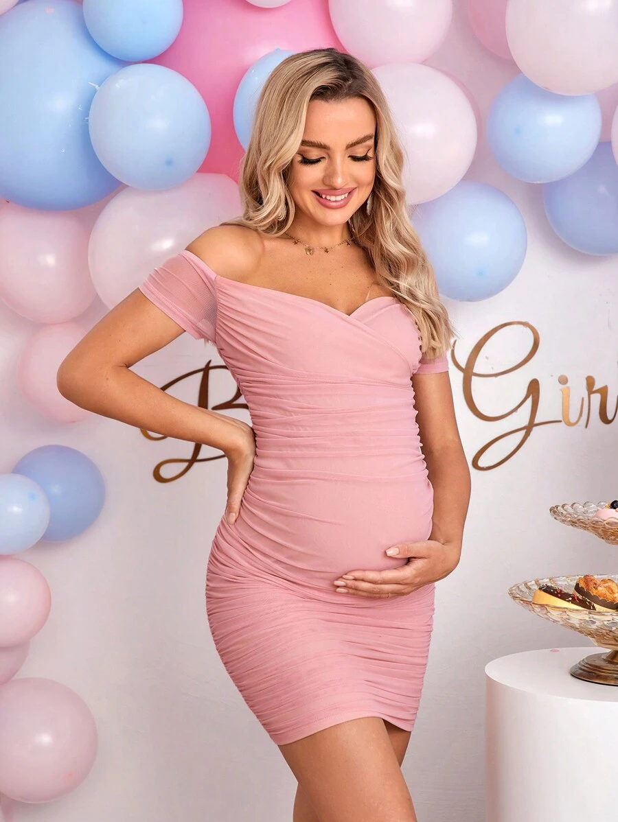 Loomaby Pregnant Women Plain Off Shoulder Short Sleeve Ruffle Dress, Baby Shower Maternity Dress - Pink - View 1