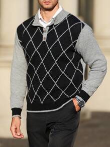 Manfinity Homme Men's Color Block Argyle Pattern Knitted Long Sleeve Graphic Colorful Collared Sweater, Casual Autumn/Winter, For Friends, Work