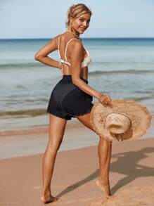 Swim Vcay 夏季海灘女式沙灘短褲，腰間綁帶遮陽褲 - 黑色 - 查看 3