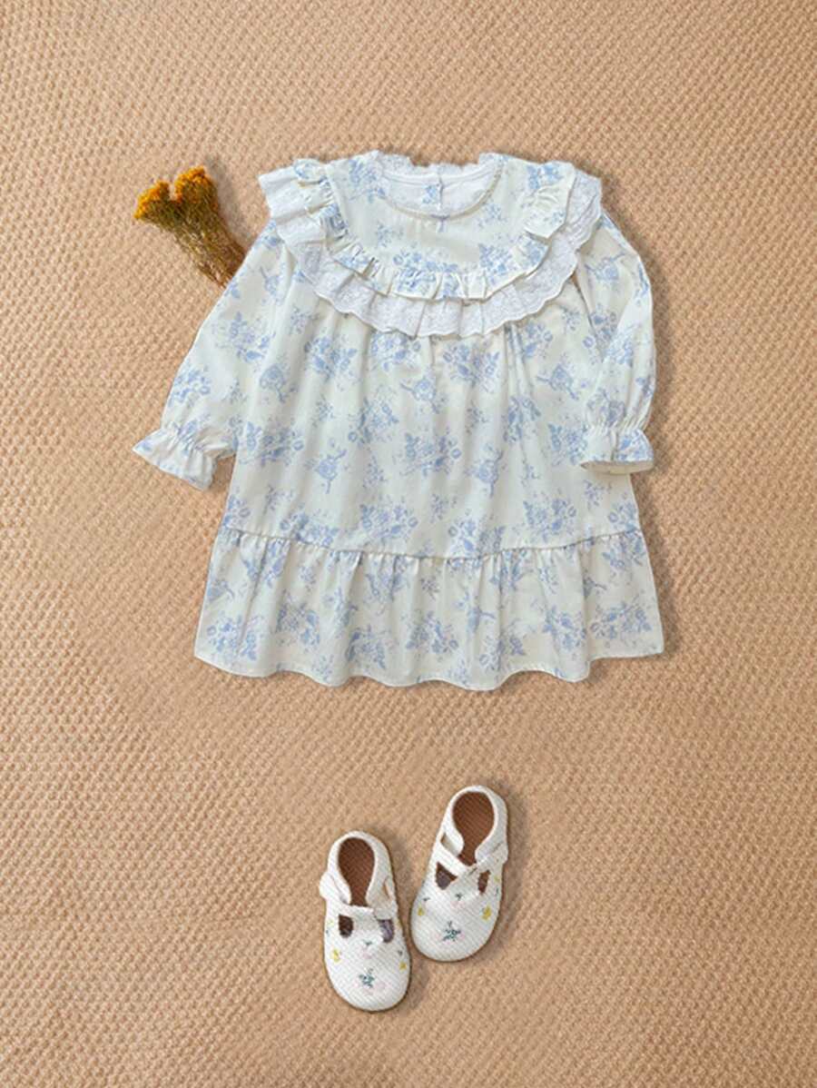 SHEIN 女童法式优雅荷叶边领蕾丝装饰长袖公主裙 - 白色 - 查看 1