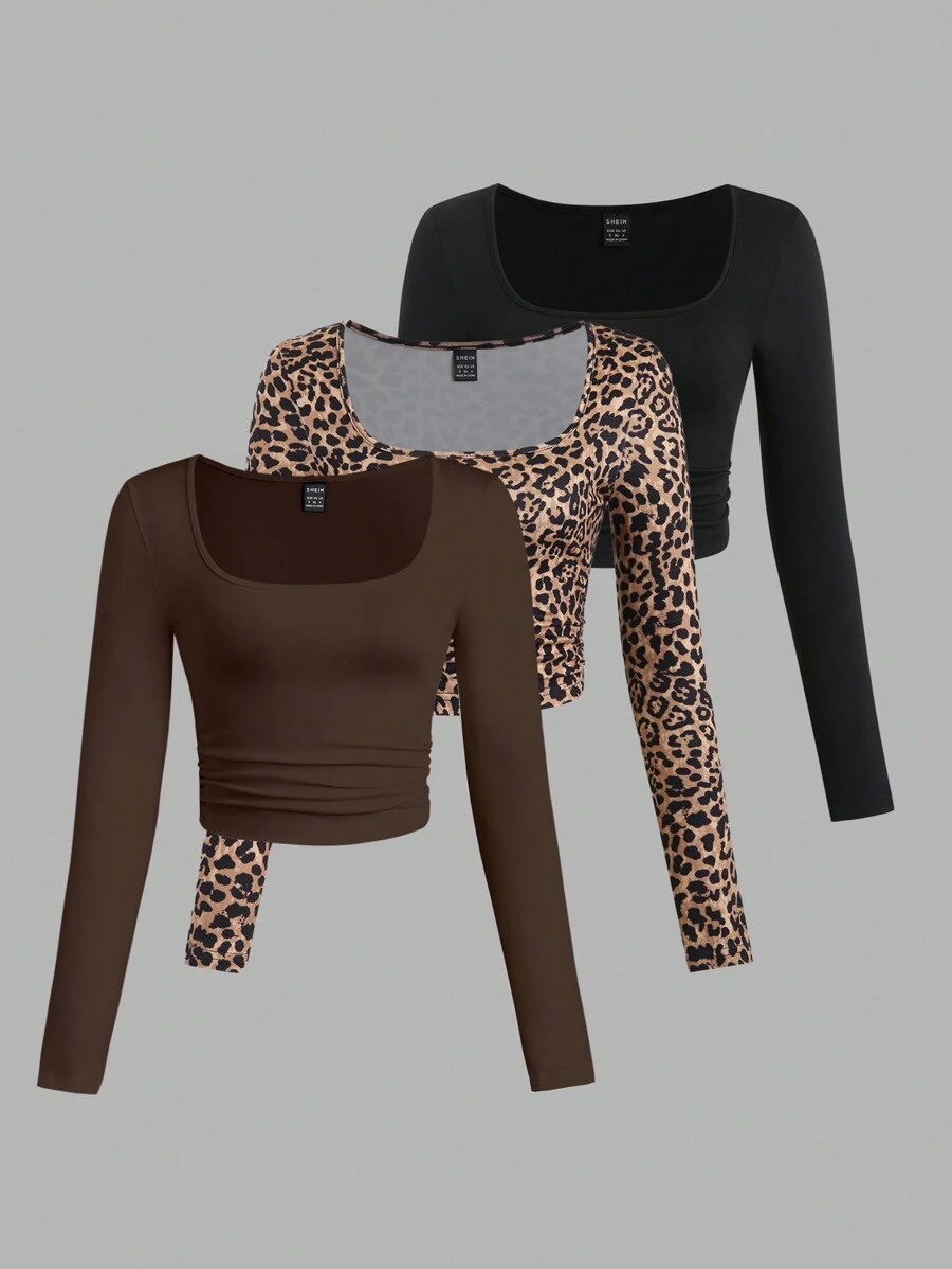 SHEIN Unity 3pcs Women's Casual Y2K Leopard Print Ruched Slim Fit Long Sleeve T-Shirt, Spring/Autumn Graphic Cheetah Print Tees Women Tops For Spring - Coffee Brown - View 1