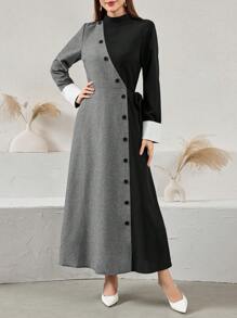 Al Najma 系带装饰纽扣适度拼色拼接连衣裙长款女装 - 灰色 - 查看 1