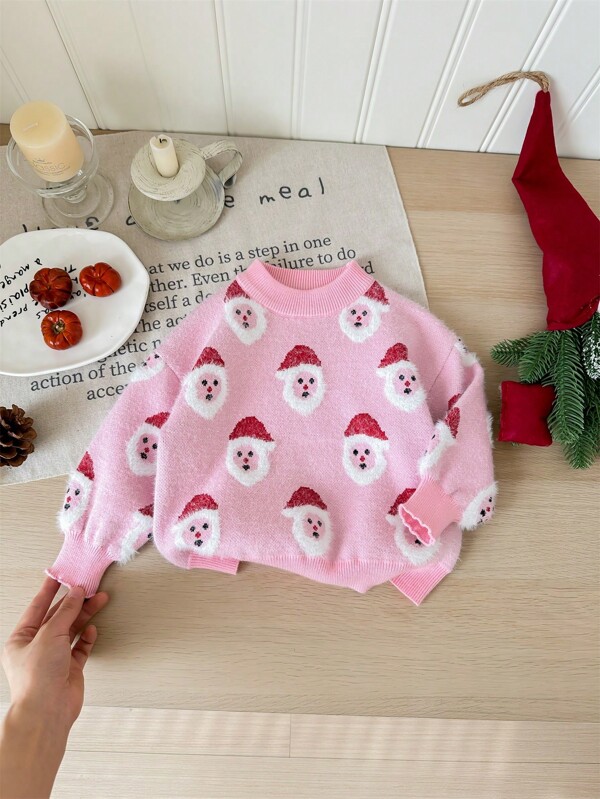 SHEIN Babygirl Cute Santa Claus Cartoon Print Pullover Sweater, Pink/Red, Versatile For Christmas, Autumn/Winter