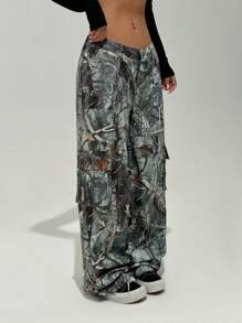 SHEIN Unity Quần Cargo cạp thấp in hình lá mùa đông cho nữ - màu xanh lá - Xem 5