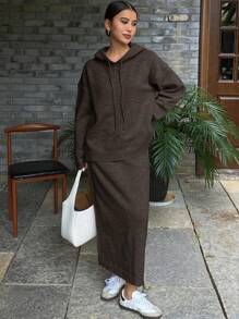 DAZY 2 件套女士纯色宽松连帽衫和直筒连衣裙毛衣，秋季女装
