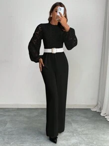 Firerie Women Elegant Solid Color Lace Patchwork Lantern Sleeve Jumpsuit, Autumn