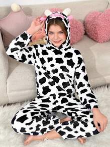 SHEIN Tween Girls 2-Pc Soft Fleece Cow Ear Hooded Long Sleeve Top & Pants Pajama Set, Comfortable And Skin-Friendly For Autumn/Winter - Black and White - View 1