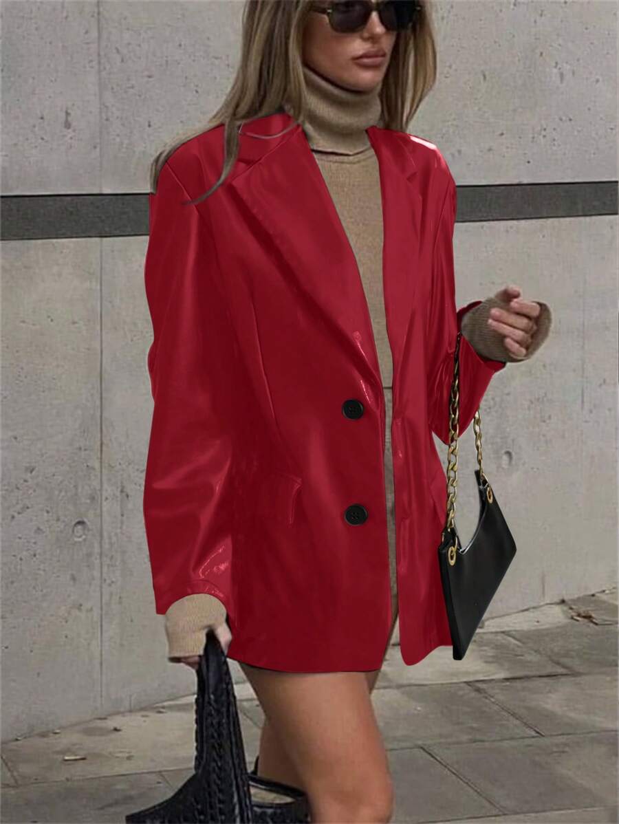 SHEIN Clasi Women's Plain Collar Button PU Leather Long Sleeve Casual Jacket For New Year Clothes Fall Cloth For Women