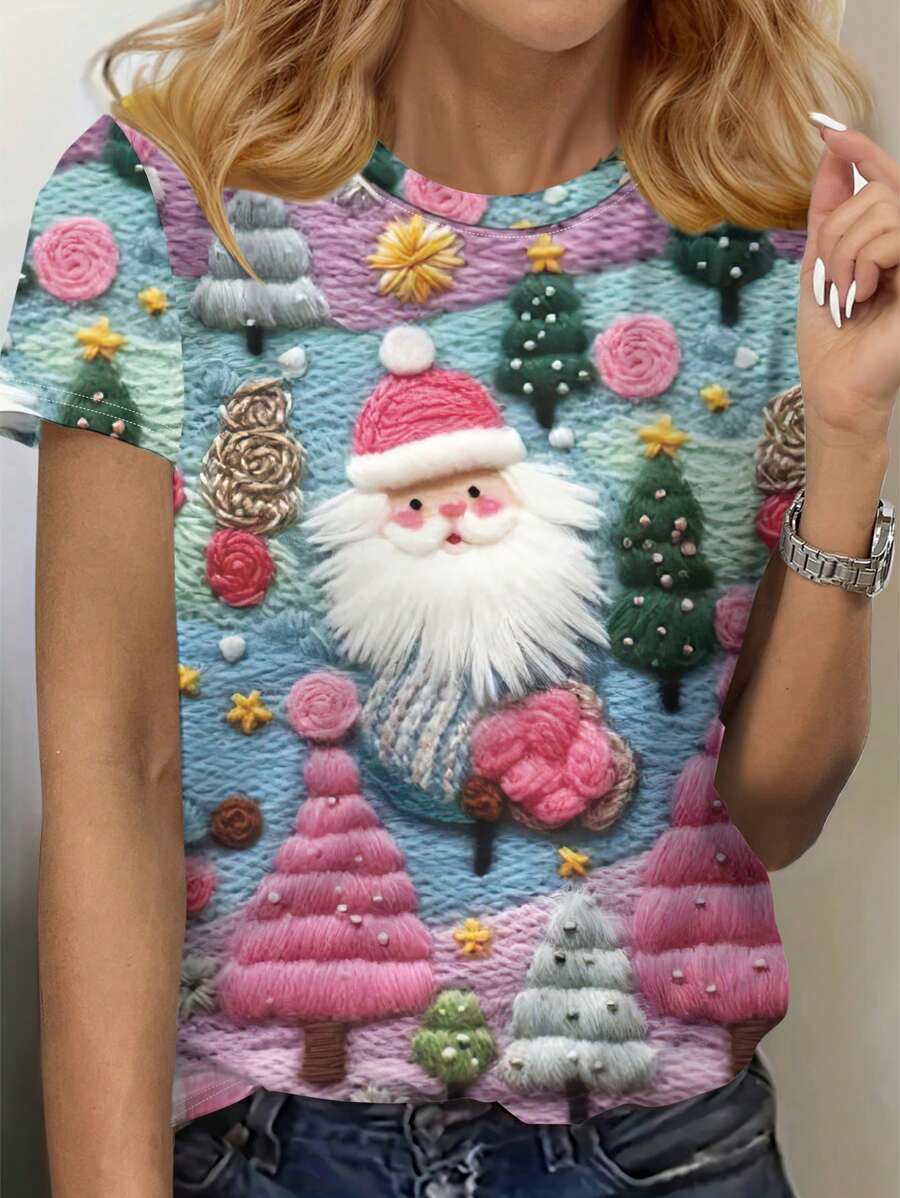 INAWLY 夏季圣诞圣诞老人和圣诞树全印花休闲圆领短袖女式 T 恤上衣图案 T 恤女式上衣 - 彩色 - 查看 1