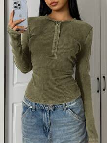 SHEIN EZwear 橄榄绿色针织纽扣锁眼长袖紧身休闲女式 T 恤