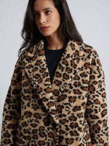 Aveloria Modichic Teddy Sherpa Collar Double-Breasted Pocket Jacket, Loose Fit Cheetah Print  Fall Cloth For Women - Camel - View 4