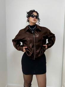Vibekara Plus Size Open Front Zipper Solid Color PU Leather Lapel Long Sleeve Jacket, For Winter Fall Cloth For Women Autumn - Coffee Brown - View 3