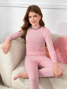 SHEIN Tween Girls 2pcs/Set Sweet Minimalist Ruffle Collar Long Sleeve T-Shirt And Soft Pajama Pants Set, Comfortable Sleepwear - Baby Pink - View 1