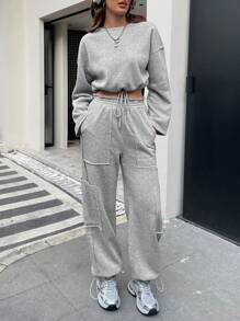 INAWLY 2 stuks dames casual ronde hals lange mouw top en voorkant strik broek set