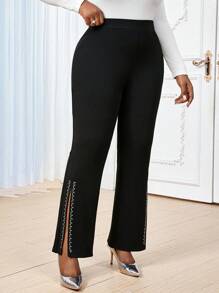 SHEIN Lady Pantalon évasé en tricot noir orné de strass, élégant et décontracté, convenant pour le bureau et les déplacements. Tailles plus disponibles. - Noir - Voir 3