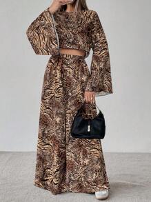 SHEIN LUNE 女士豹纹喇叭袖上衣+阔腿裤两件套，休闲简约日常穿搭 - 彩色 - 查看 5