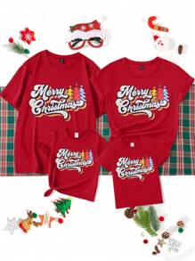 Manfinity 亲子圣诞装 - 男士圆领短袖T恤，趣味印花，休闲宽松版型，舒适时尚，亮丽红色，圣诞树、星星等节日图案，营造浓厚圣诞氛围，祝您圣诞快乐！ - 紅色 - 查看 3