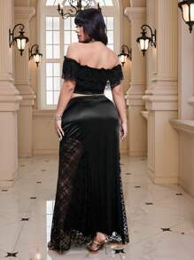 Allurite Plus Size Women's Sexy Contrast Lace Off-Shoulder Short Sleeve Top And Contrast Lace Mermaid Hem Midi Skirt 2 Pieces Set, Elegant Party Outfit, Spring/Autumn - Black - View 2