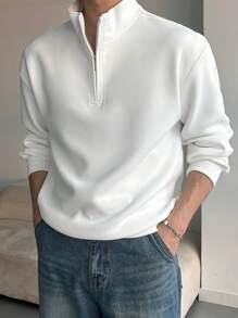 DAZY Men's Solid Zip-Up Half Placket Long Sleeve Loose Casual Sweatshirt Fall,Winter Quarter Zip Men - White - View 5