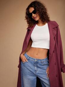 Forever 21 新款秋冬翻领腰带宽松长款风衣 - 酒紅色 - 查看 8