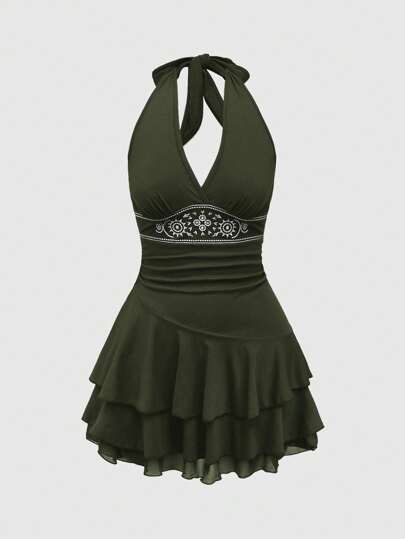 Hippie Sonne Totem besticktes Trägerkleider mit geschichtetem Saum für Damen, Minikleid