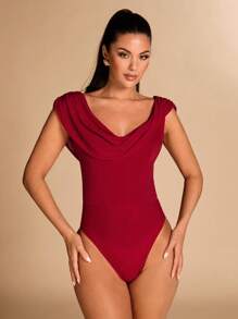 SHEIN BAE Women's Red One-Piece Outfit, Scooping Neckline Sleeveless Fitted Bodysuit, For Christmas Outfit, Holiday Bodysuit, Autumn/Winter Layering
