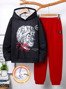 2 件套青少年男孩休闲街头装字母印花连帽运动衫和纯色弹性腰带裤针织两件套服装