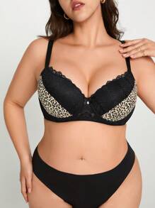DesireSculpt 1 pieza Sujetador romántico y sexy con encaje de contraste, con Push-up, ajustable y talla grande