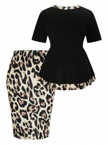 SHEIN Clasi Plus Size Solid Color Patchwork Short Sleeve Top And Skirt 2 Pieces Set - Multicolor - View 2