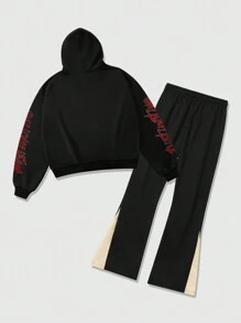 ROMWE MEN Street Life Men's Loose Short Style Sweatshirt & Pants Tracksuit - Black - View 2