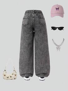 SHEIN Wildeya Tween Girl Asymmetric Elastic Waist Cute Butterfly Print Loose Comfy Light Blue Wide Leg Jeans