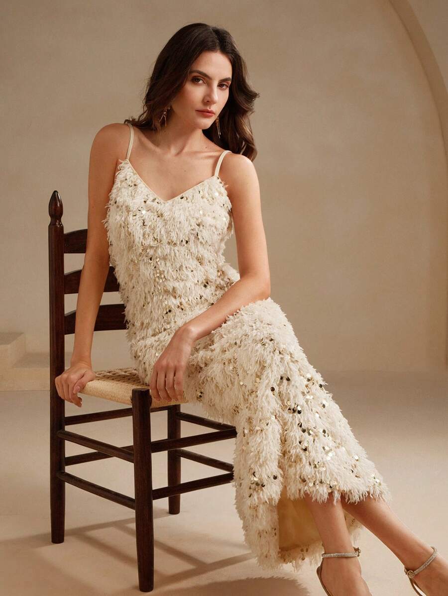 Anewsta 优质羽毛装饰吊带裙，修身亮片缀饰女士连衣裙长款女装