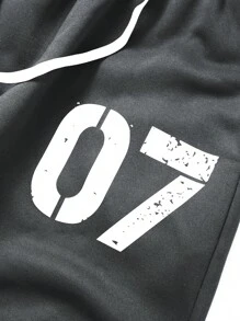 男士休闲街头嘻哈松紧腰数字07印花运动裤，秋冬 - 深灰色 - 查看 7