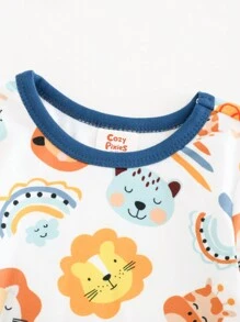 Cozy Pixies 2pcs Baby Boy Snug Fit Pajama Set, Cartoon Animal Pattern Knitted Soft Crew Neck Long Sleeve Top & Long Pants